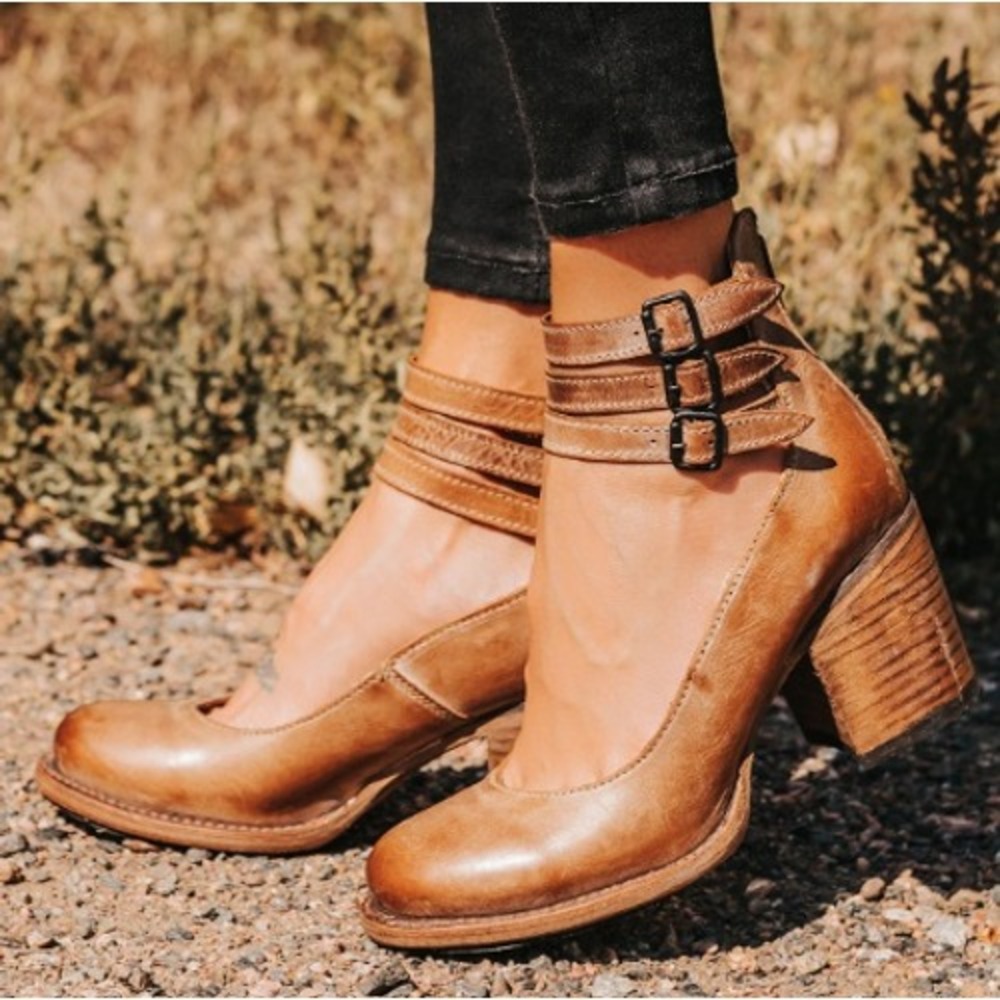 Freebird Randi Tan Leather Ankle Strap Heels Womens Sz 8 Block Heel Wester Boho